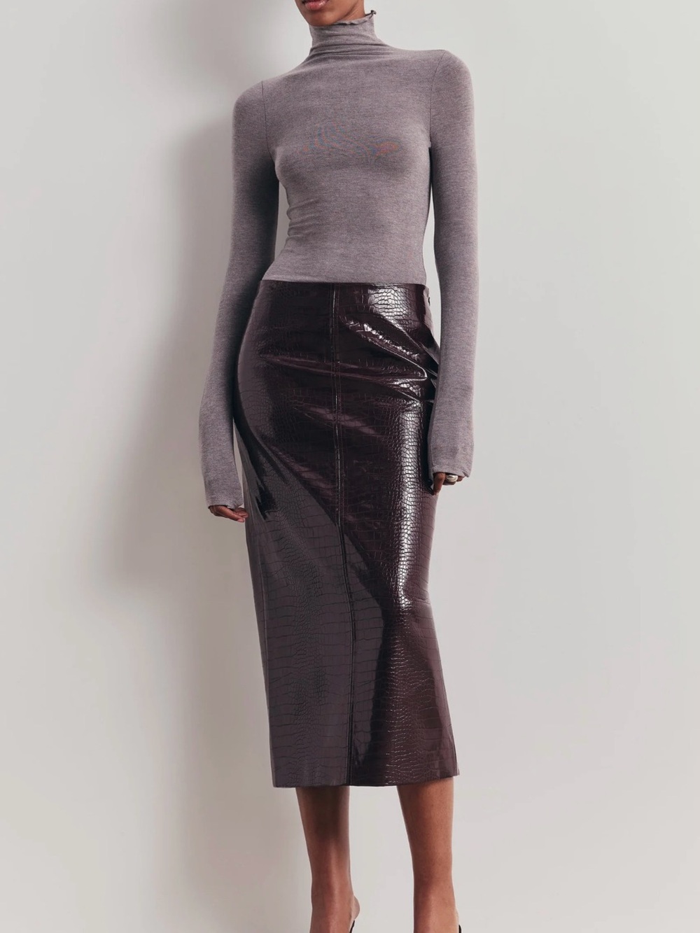 Boa. CROC EMBOSSED LEATHER TAILORED MAXI SKIRT- Burgundy/Oxblood
